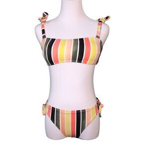 True Craft Yellow Orange‎ Striped Bikini Swimsuit 2pc Eclectic Beach Swim MEDIUM